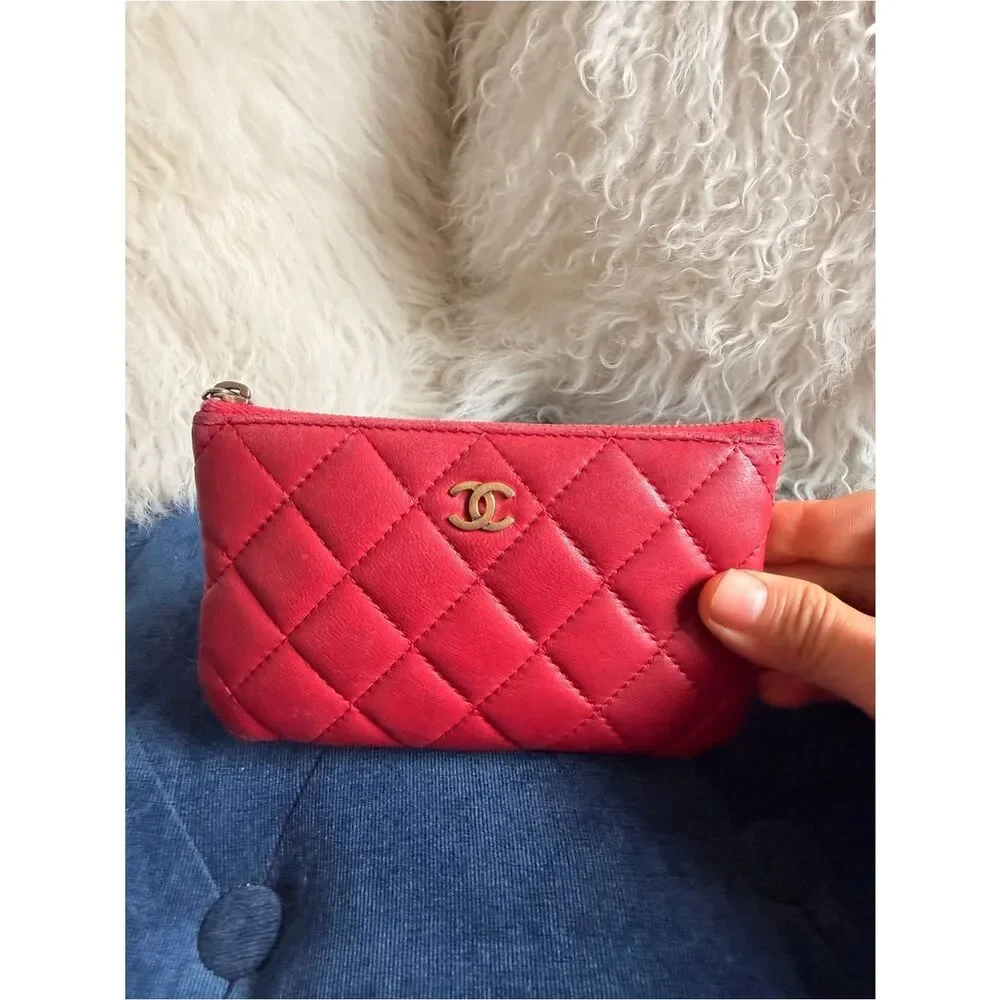 CHANEL Red Quilted Leather Zip Pouch with Gold CC